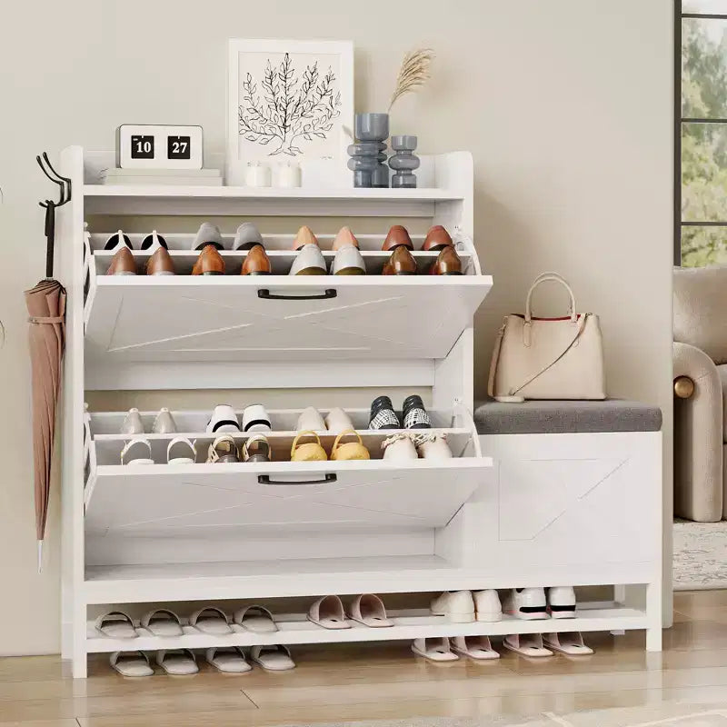 Shoe Cabinet with Bench, Farmhouse Narrow Slim Shoe Storage Cabinet 2 Flip Drawers for Entryway, Living Room, Hallway