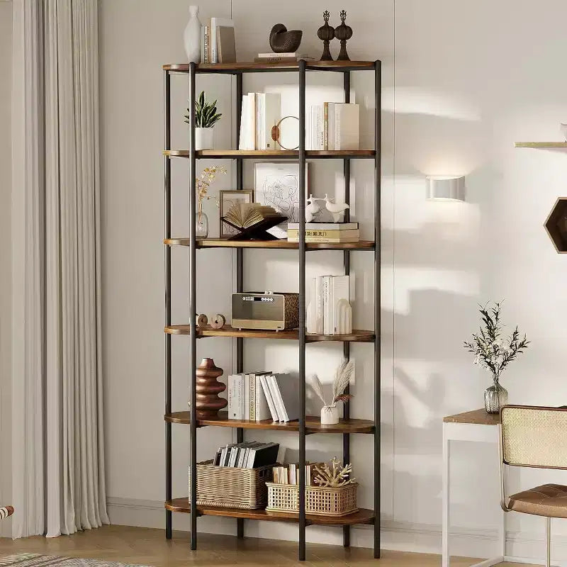 TROPOW 6 Tier Tall Bookcase Industrial Bookshelves Oval Vintage Bookshelf Metal Frame Unique Display Shelf Storage for Home Office, Brown