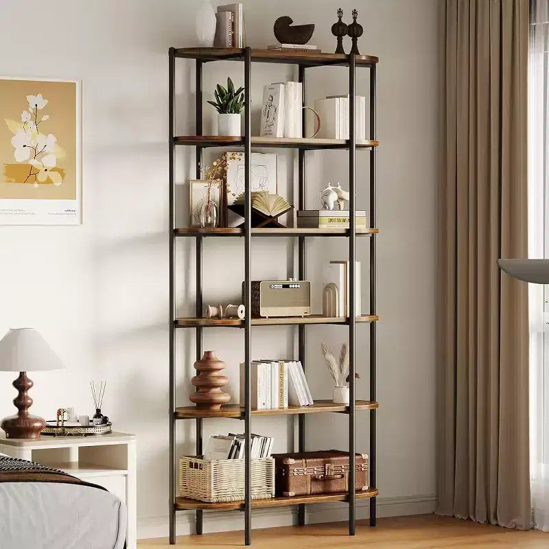TROPOW 6 Tier Tall Bookcase Industrial Bookshelves Oval Vintage Bookshelf Metal Frame Unique Display Shelf Storage for Home Office, Brown