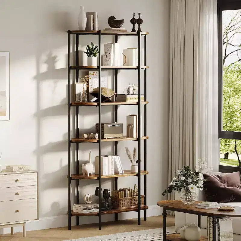 TROPOW 6 Tier Tall Bookcase Industrial Bookshelves Oval Vintage Bookshelf Metal Frame Unique Display Shelf Storage for Home Office, Brown