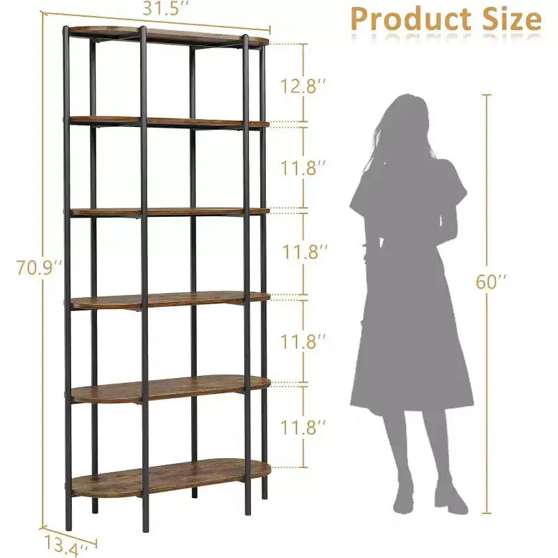 TROPOW 6 Tier Tall Bookcase Industrial Bookshelves Oval Vintage Bookshelf Metal Frame Unique Display Shelf Storage for Home Office, Brown