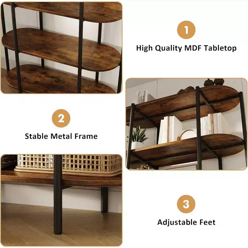 TROPOW 6 Tier Tall Bookcase Industrial Bookshelves Oval Vintage Bookshelf Metal Frame Unique Display Shelf Storage for Home Office, Brown