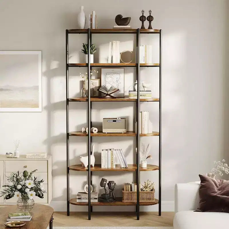 TROPOW 6 Tier Tall Bookcase Industrial Bookshelves Oval Vintage Bookshelf Metal Frame Unique Display Shelf Storage for Home Office, Brown