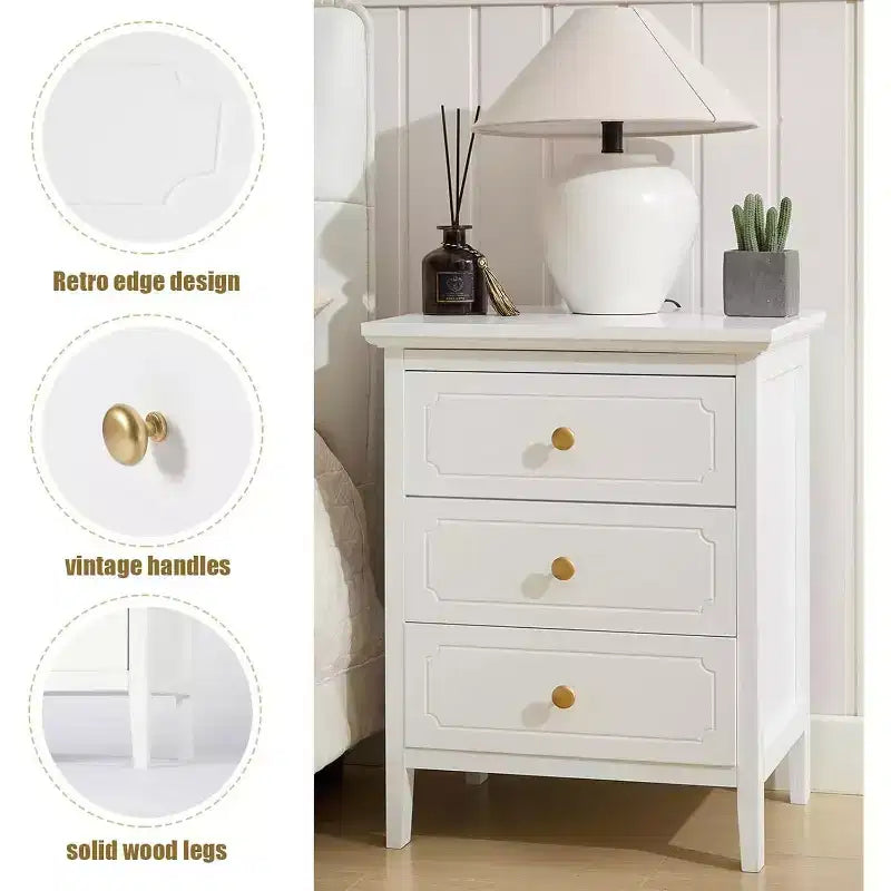 TYBOATLE White 3 Drawer Nightstand, Wood Night Stands Side Table With Extra-large Storage Space for Living Room, Bedroom