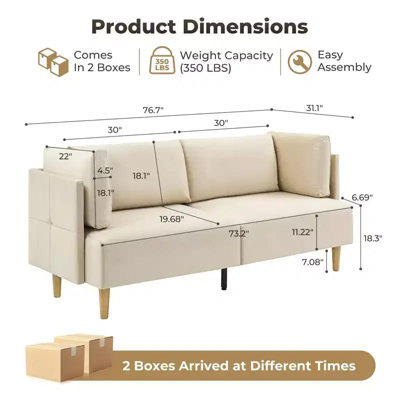 76 Upholstered Loveseat Sofa with Deep Seats & Removable Pillows, Velvet 2-Seater Couch for Living Room, Apartment, or Office, Beige