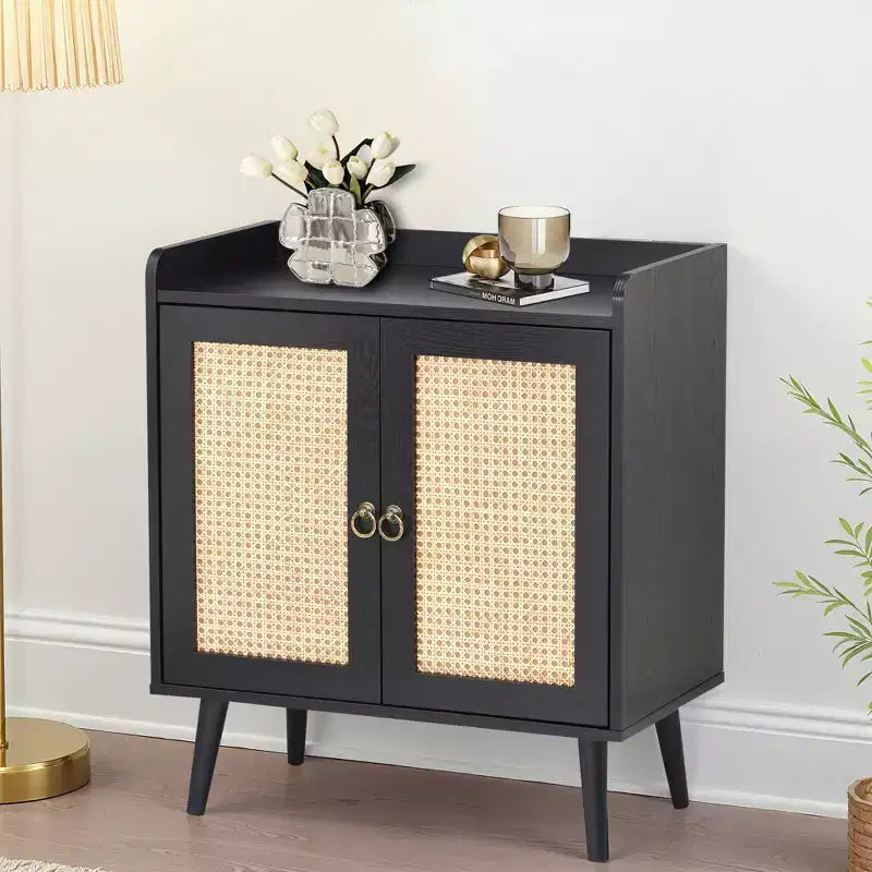 MAYEERTY 59x15x31 Inch Black Rattan Sideboard Buffet Liquor Bar For Dining Room Hallway