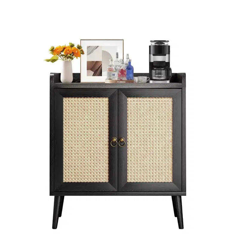 MAYEERTY 59x15x31 Inch Black Rattan Sideboard Buffet Liquor Bar For Dining Room Hallway