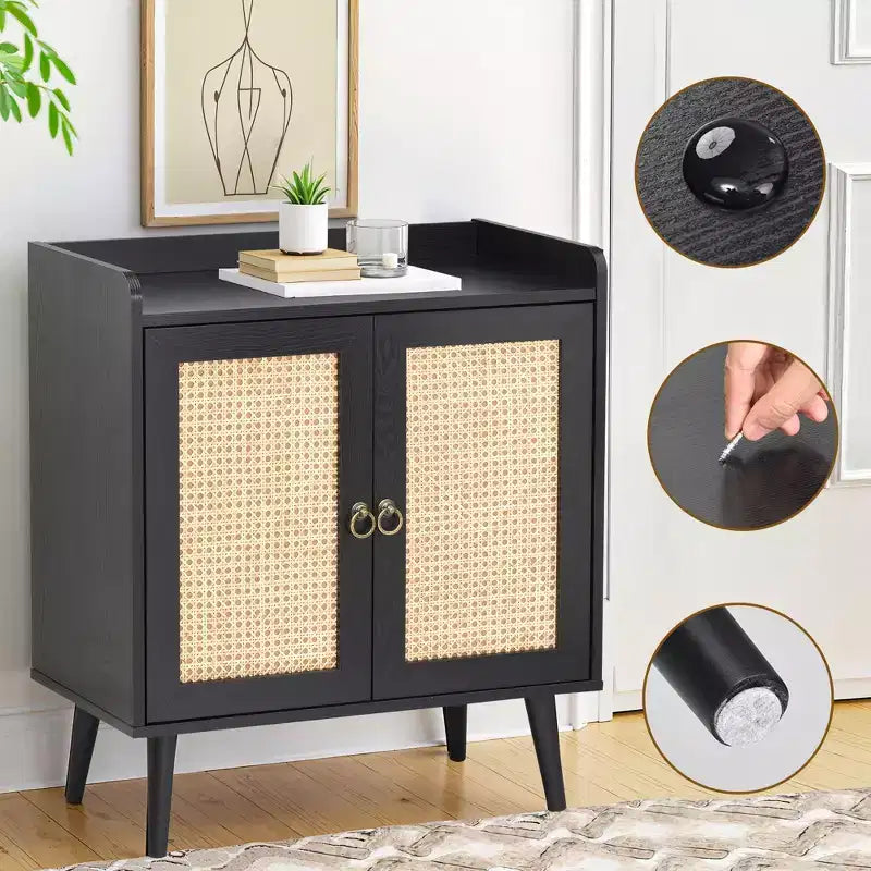 MAYEERTY 59x15x31 Inch Black Rattan Sideboard Buffet Liquor Bar For Dining Room Hallway