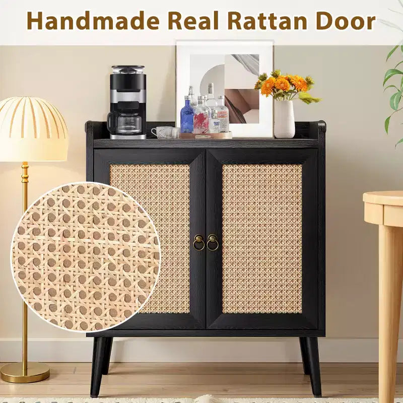 MAYEERTY 59x15x31 Inch Black Rattan Sideboard Buffet Liquor Bar For Dining Room Hallway