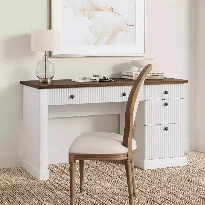 Garvee Fluted Home Office Desk Storage, 54 Modern Executive Desk with Charging Station, Wooden Computer Desk with File Drawers for Study