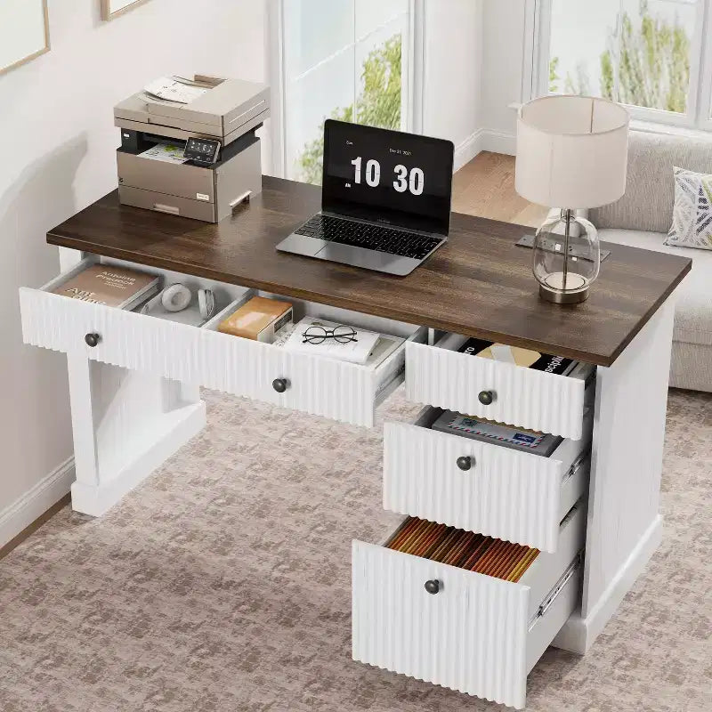 Garvee Fluted Home Office Desk Storage, 54 Modern Executive Desk with Charging Station, Wooden Computer Desk with File Drawers for Study
