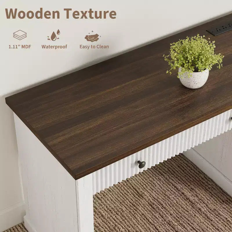 Garvee Fluted Home Office Desk Storage, 54 Modern Executive Desk with Charging Station, Wooden Computer Desk with File Drawers for Study