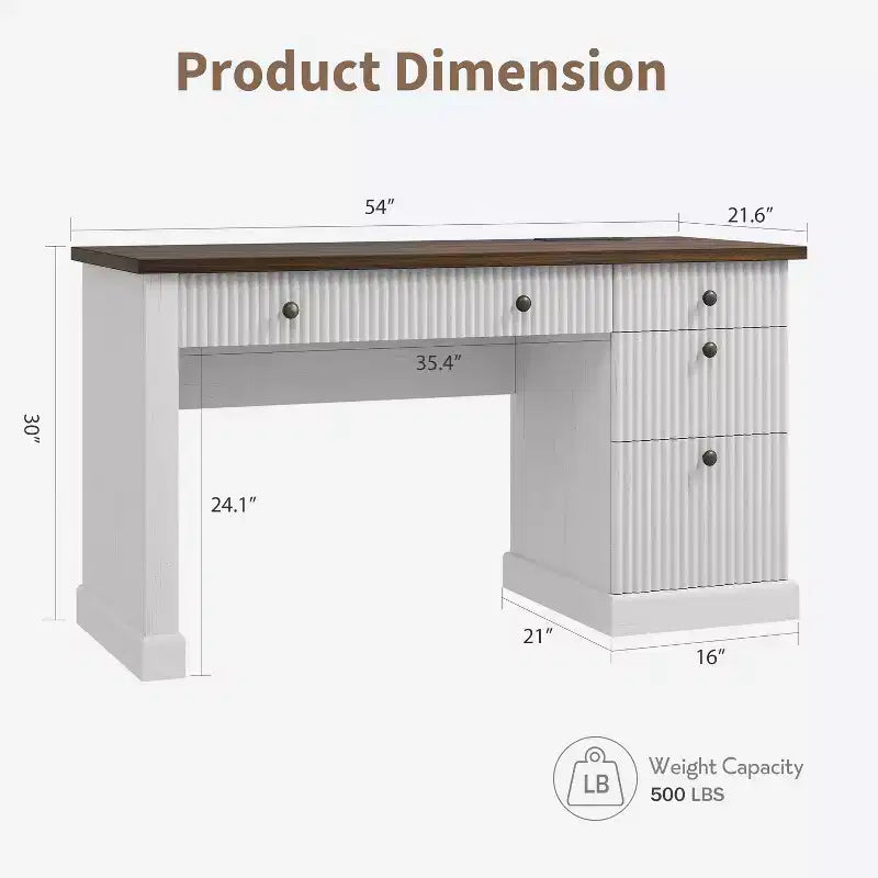 Garvee Fluted Home Office Desk Storage, 54 Modern Executive Desk with Charging Station, Wooden Computer Desk with File Drawers for Study