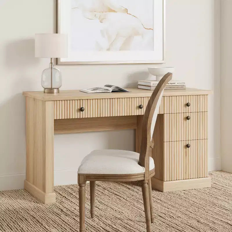Garvee Fluted Home Office Desk Storage, 54 Modern Executive Desk with Charging Station, Wooden Computer Desk with File Drawers for Study
