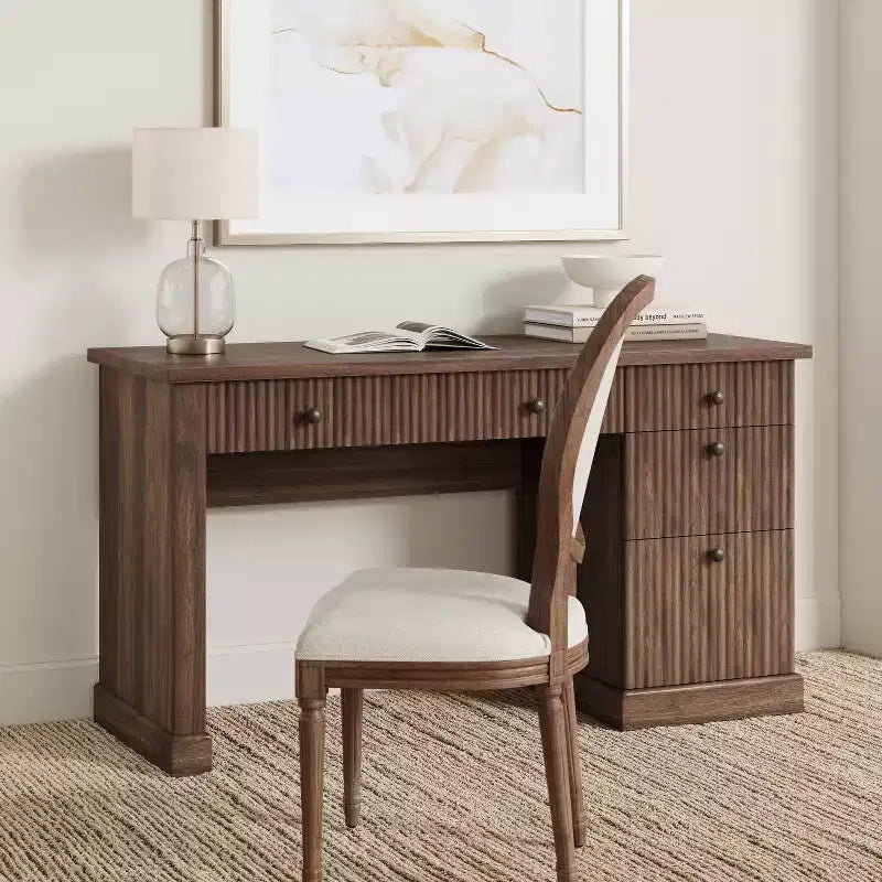 Garvee Fluted Home Office Desk Storage, 54 Modern Executive Desk with Charging Station, Wooden Computer Desk with File Drawers for Study