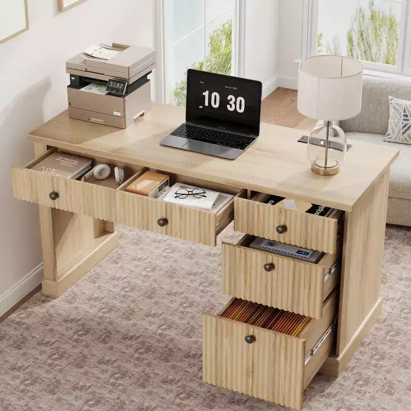 Garvee Fluted Home Office Desk Storage, 54 Modern Executive Desk with Charging Station, Wooden Computer Desk with File Drawers for Study