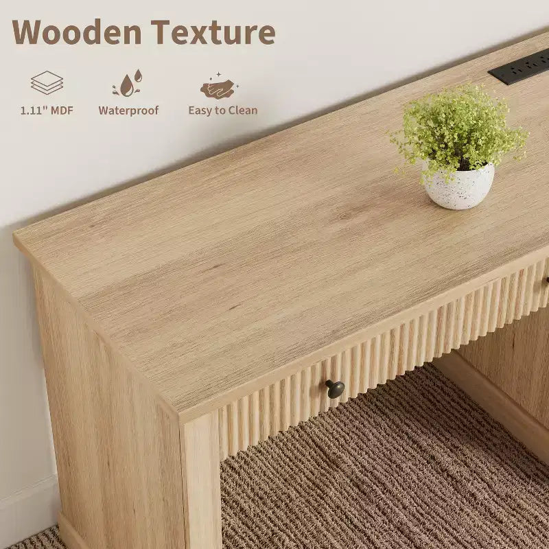 Garvee Fluted Home Office Desk Storage, 54 Modern Executive Desk with Charging Station, Wooden Computer Desk with File Drawers for Study
