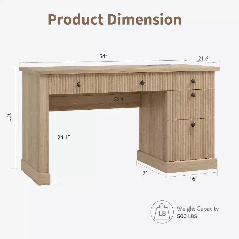 Garvee Fluted Home Office Desk Storage, 54 Modern Executive Desk with Charging Station, Wooden Computer Desk with File Drawers for Study