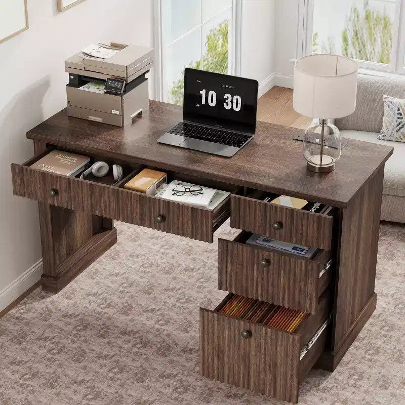 Garvee Fluted Home Office Desk Storage, 54 Modern Executive Desk with Charging Station, Wooden Computer Desk with File Drawers for Study
