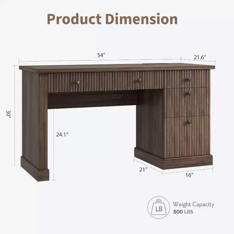 Garvee Fluted Home Office Desk Storage, 54 Modern Executive Desk with Charging Station, Wooden Computer Desk with File Drawers for Study