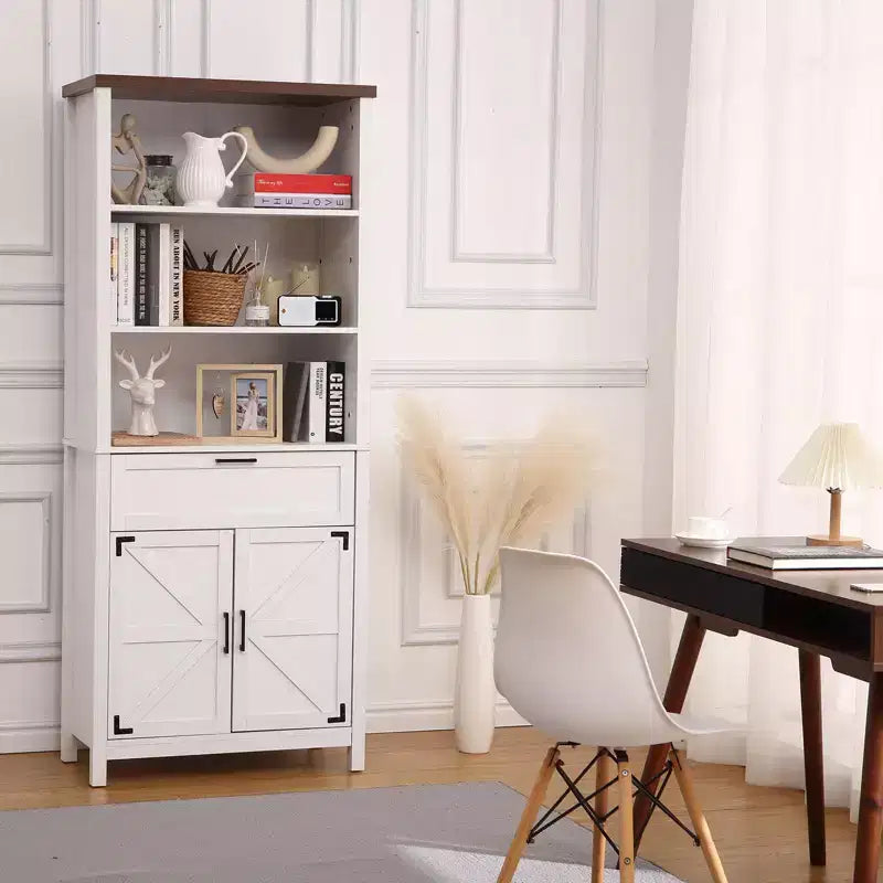 Farmhouse Bookshelf, 72 Tall Bookshelf with Doors and Drawer, 15 Deep Farmhouse Book Shelf with Storage Cabinet, Floor Standing Book Case
