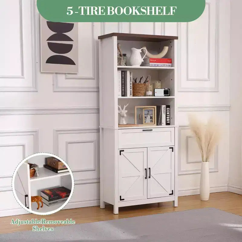 Farmhouse Bookshelf, 72 Tall Bookshelf with Doors and Drawer, 15 Deep Farmhouse Book Shelf with Storage Cabinet, Floor Standing Book Case