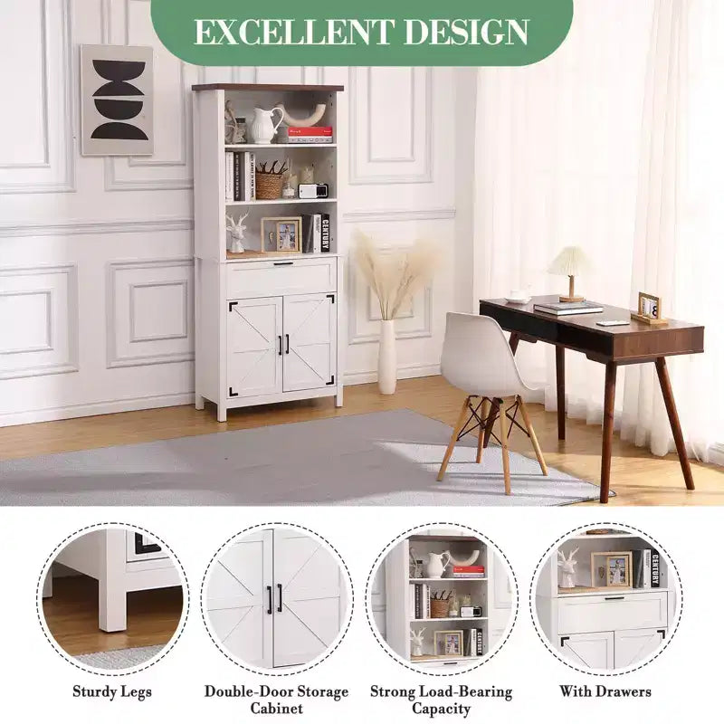Farmhouse Bookshelf, 72 Tall Bookshelf with Doors and Drawer, 15 Deep Farmhouse Book Shelf with Storage Cabinet, Floor Standing Book Case