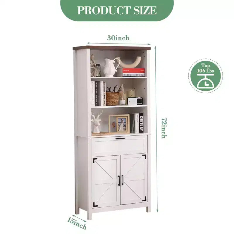 Farmhouse Bookshelf, 72 Tall Bookshelf with Doors and Drawer, 15 Deep Farmhouse Book Shelf with Storage Cabinet, Floor Standing Book Case
