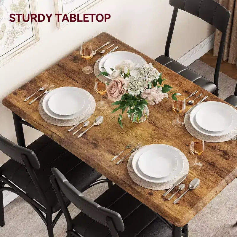 Kitchen Table and Chairs, Dining Room Table Set for 4 with Upholstered Chairs, Kitchen Table Set Metal and Wood Rectangular Dining Table