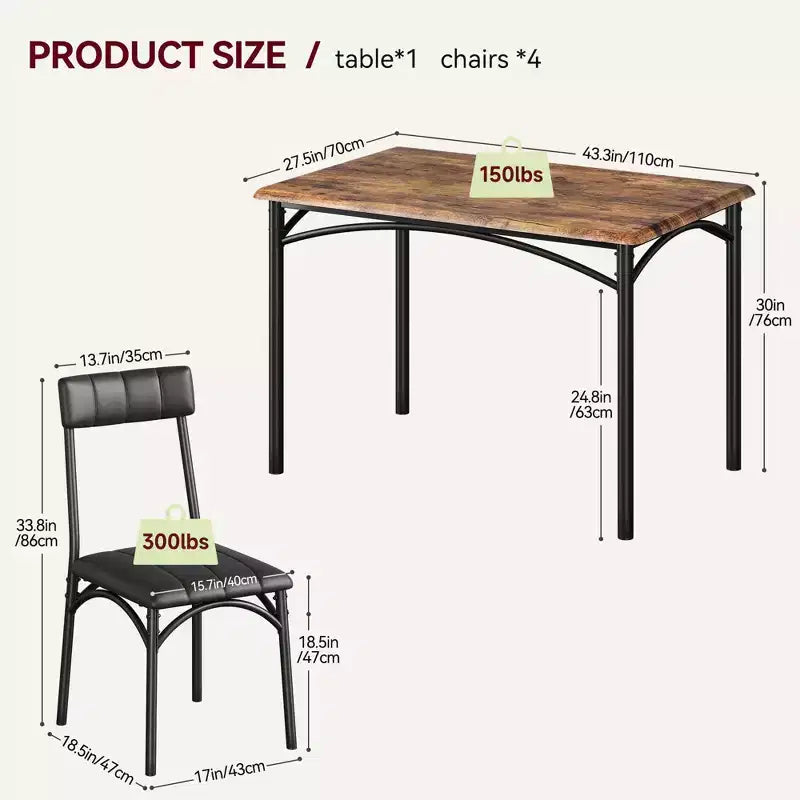 Kitchen Table and Chairs, Dining Room Table Set for 4 with Upholstered Chairs, Kitchen Table Set Metal and Wood Rectangular Dining Table