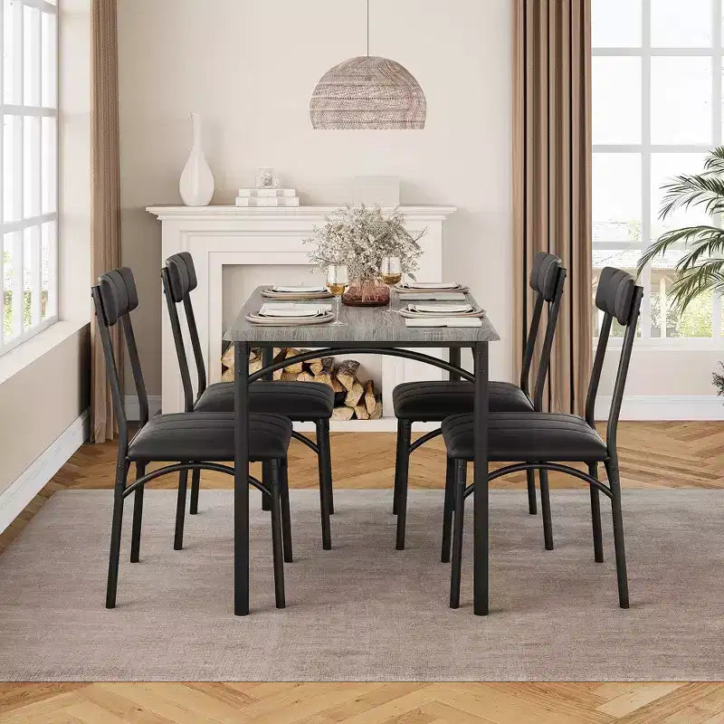 Kitchen Table and Chairs, Dining Room Table Set for 4 with Upholstered Chairs, Kitchen Table Set Metal and Wood Rectangular Dining Table