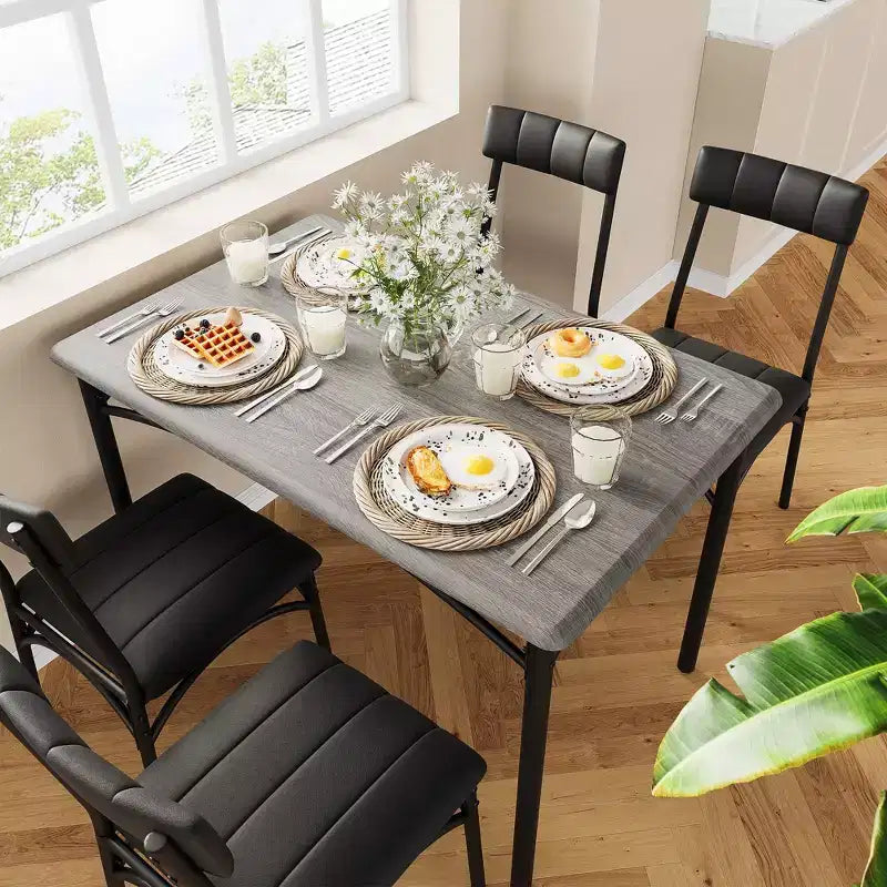 Kitchen Table and Chairs, Dining Room Table Set for 4 with Upholstered Chairs, Kitchen Table Set Metal and Wood Rectangular Dining Table
