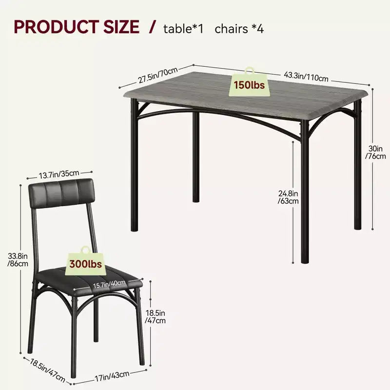 Kitchen Table and Chairs, Dining Room Table Set for 4 with Upholstered Chairs, Kitchen Table Set Metal and Wood Rectangular Dining Table