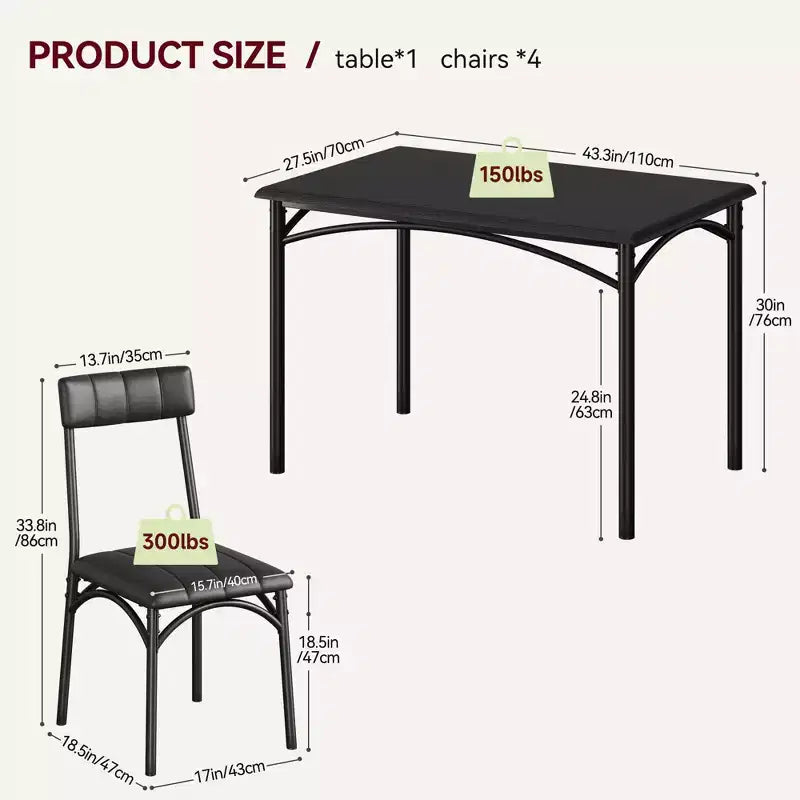 Kitchen Table and Chairs, Dining Room Table Set for 4 with Upholstered Chairs, Kitchen Table Set Metal and Wood Rectangular Dining Table