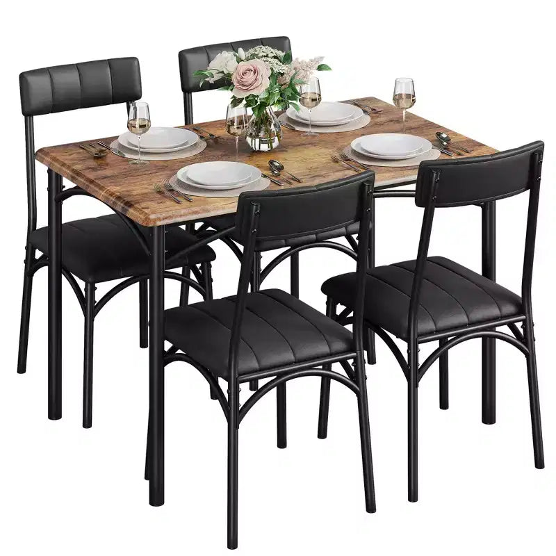 Kitchen Table and Chairs, Dining Room Table Set for 4 with Upholstered Chairs, Kitchen Table Set Metal and Wood Rectangular Dining Table