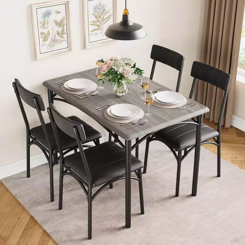 Kitchen Table and Chairs, Dining Room Table Set for 4 with Upholstered Chairs, Kitchen Table Set Metal and Wood Rectangular Dining Table