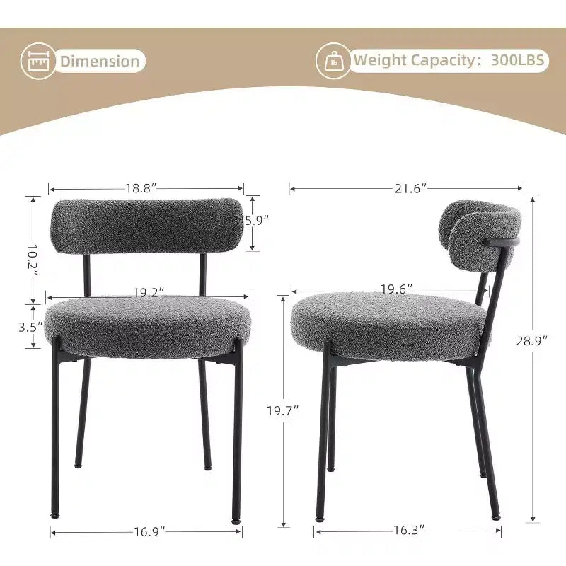Acekool Mid-Century Dining Chairs Set of 2 with Boucle Upholstery, Curved Backrest & Adjustable Feet - Light Grey with Black Legs