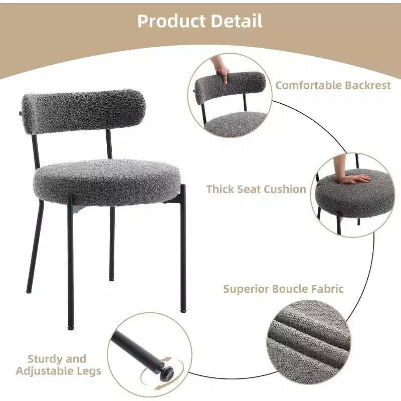 Acekool Mid-Century Dining Chairs Set of 2 with Boucle Upholstery, Curved Backrest & Adjustable Feet - Light Grey with Black Legs