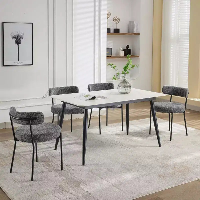 Acekool Mid-Century Dining Chairs Set of 2 with Boucle Upholstery, Curved Backrest & Adjustable Feet - Light Grey with Black Legs
