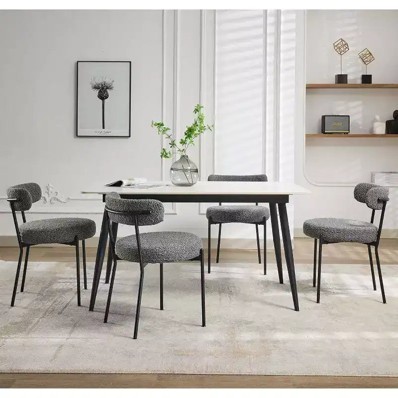 Acekool Mid-Century Dining Chairs Set of 2 with Boucle Upholstery, Curved Backrest & Adjustable Feet - Light Grey with Black Legs