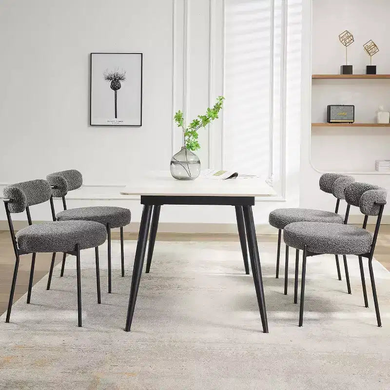 Acekool Mid-Century Dining Chairs Set of 2 with Boucle Upholstery, Curved Backrest & Adjustable Feet - Light Grey with Black Legs