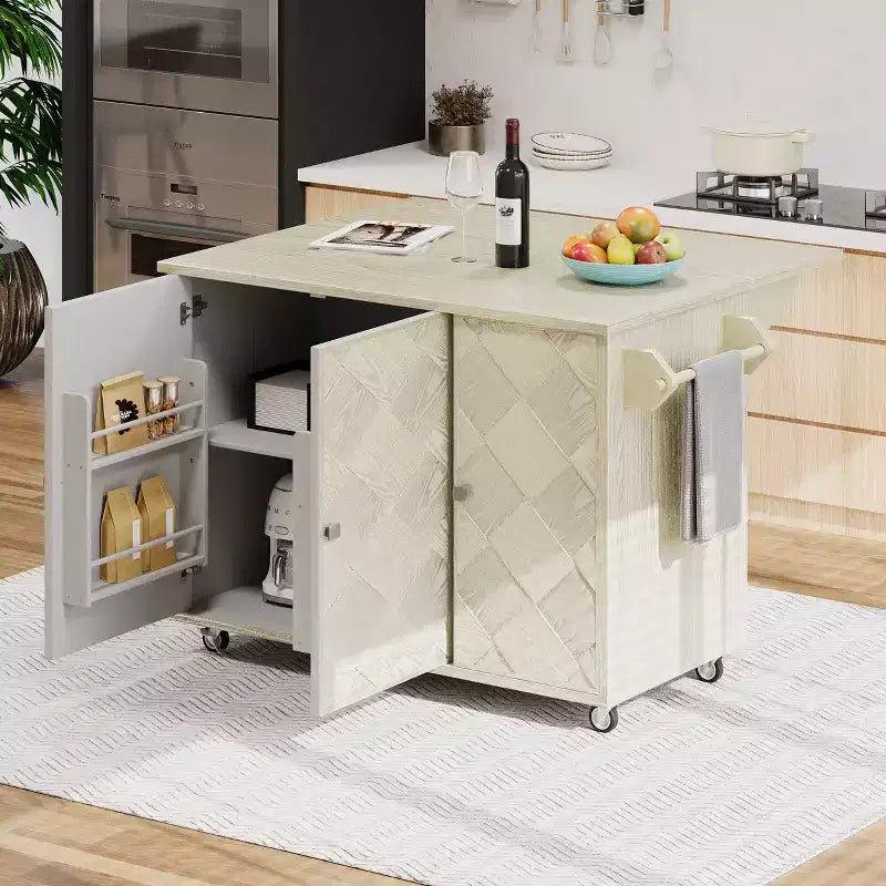 MAYEERTY Solid Wood Handwoveb Kitchen Island with Drop Leaf Coastal Kitchen Isalnd on Wheels Champange