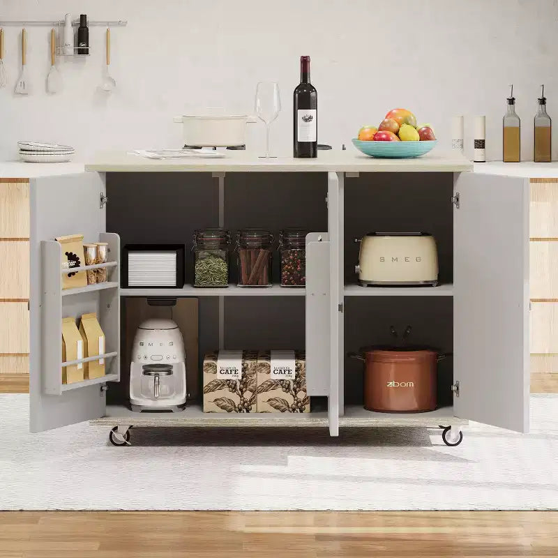 MAYEERTY Solid Wood Handwoveb Kitchen Island with Drop Leaf Coastal Kitchen Isalnd on Wheels Champange