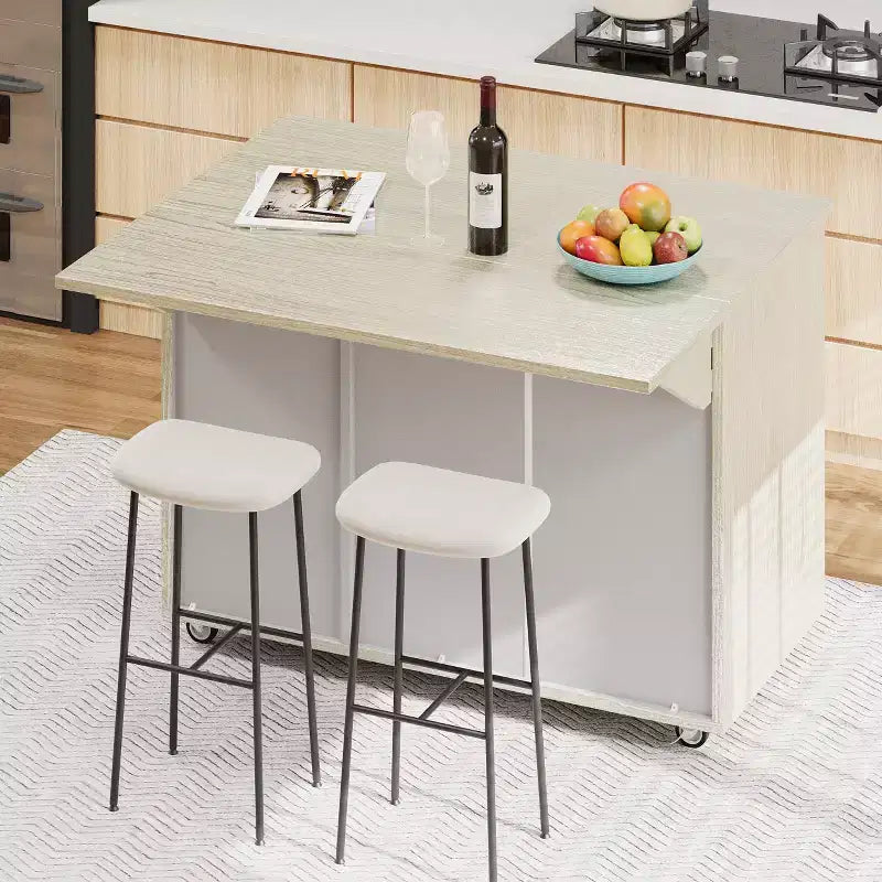 MAYEERTY Solid Wood Handwoveb Kitchen Island with Drop Leaf Coastal Kitchen Isalnd on Wheels Champange