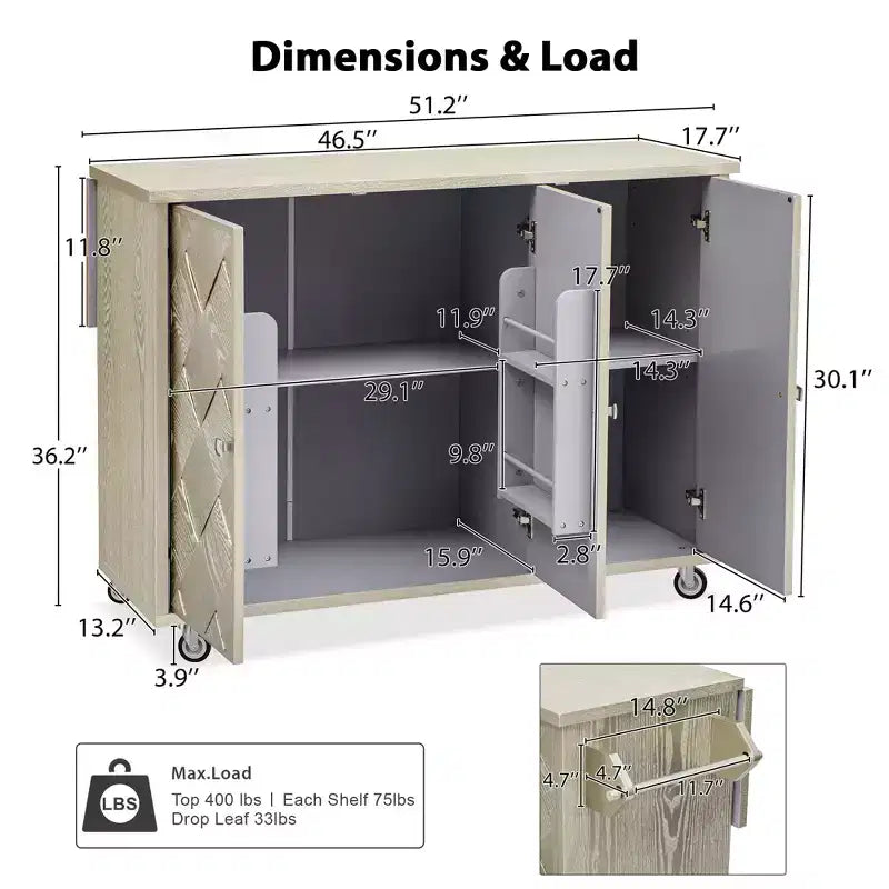MAYEERTY Solid Wood Handwoveb Kitchen Island with Drop Leaf Coastal Kitchen Isalnd on Wheels Champange