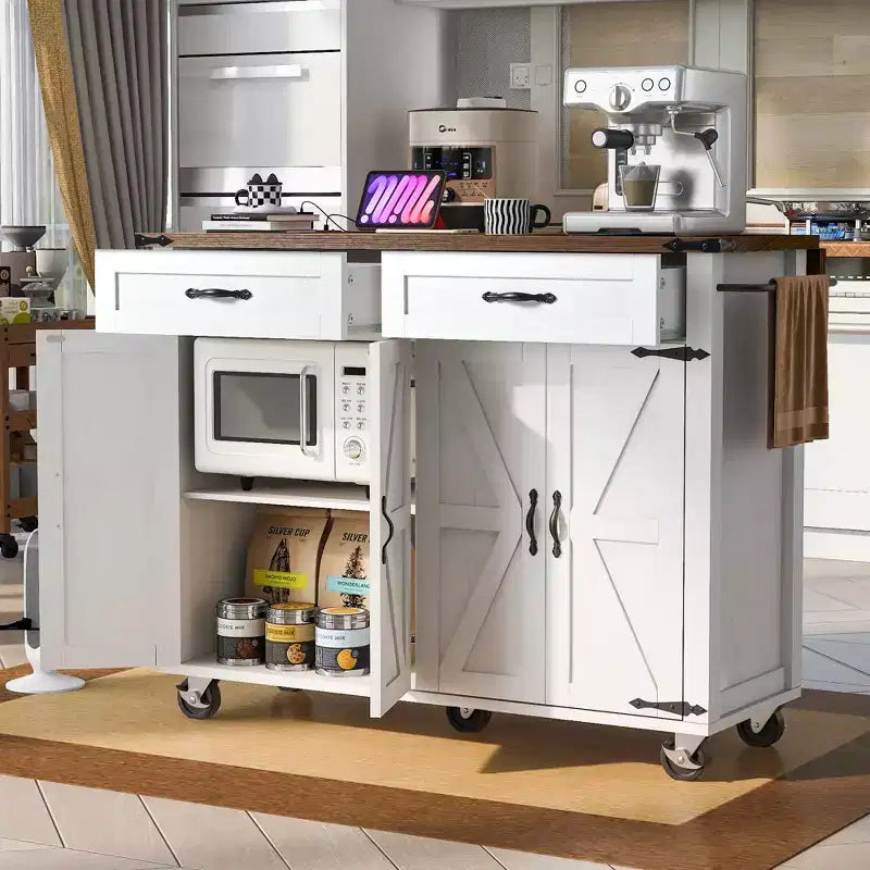MAYEERTY Kitchen Island with Power Outlet Drop Leaf Spice Rack and Drawer Wheels for Home Kitchen Dining Room White