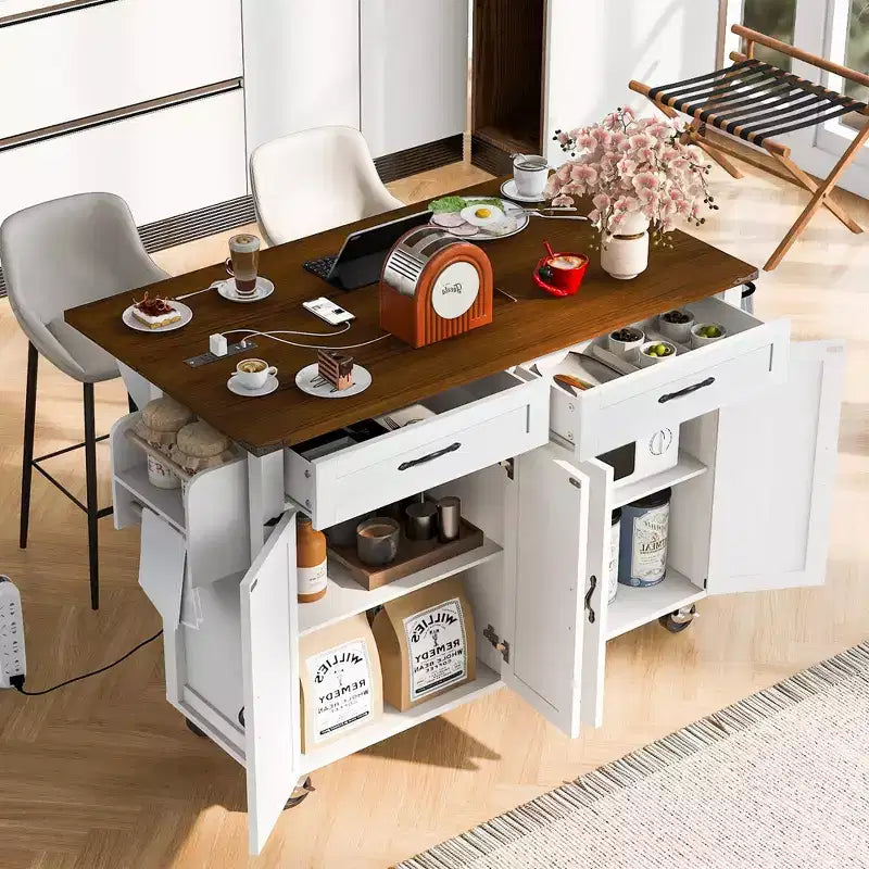 MAYEERTY Kitchen Island with Power Outlet Drop Leaf Spice Rack and Drawer Wheels for Home Kitchen Dining Room White