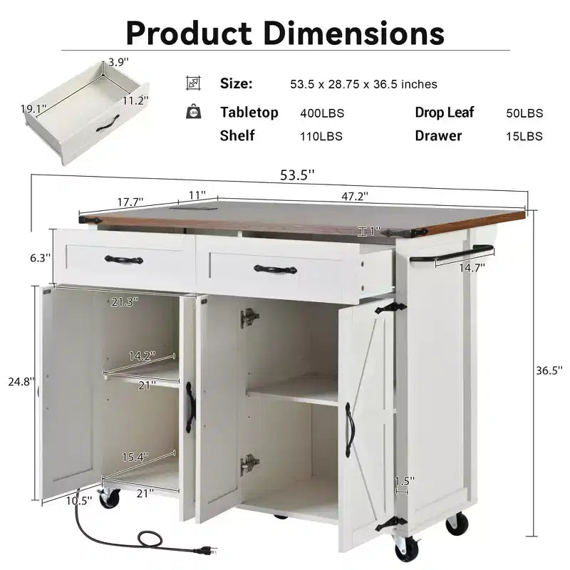 MAYEERTY Kitchen Island with Power Outlet Drop Leaf Spice Rack and Drawer Wheels for Home Kitchen Dining Room White