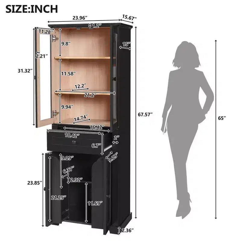 Whisen 67.2 Tall Bathroom Storage Cabinet with Tempered Glass Doors, Adjustable Shelves & Drawer, Soft-Close