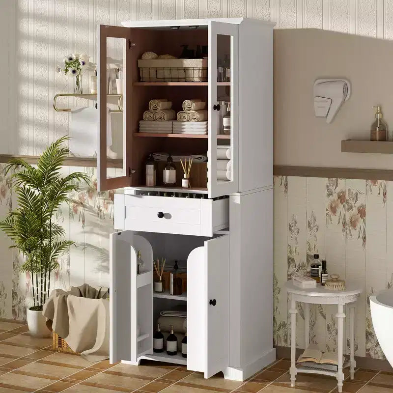 Whisen 67.2 Tall Bathroom Storage Cabinet with Tempered Glass Doors, Adjustable Shelves & Drawer, Soft-Close
